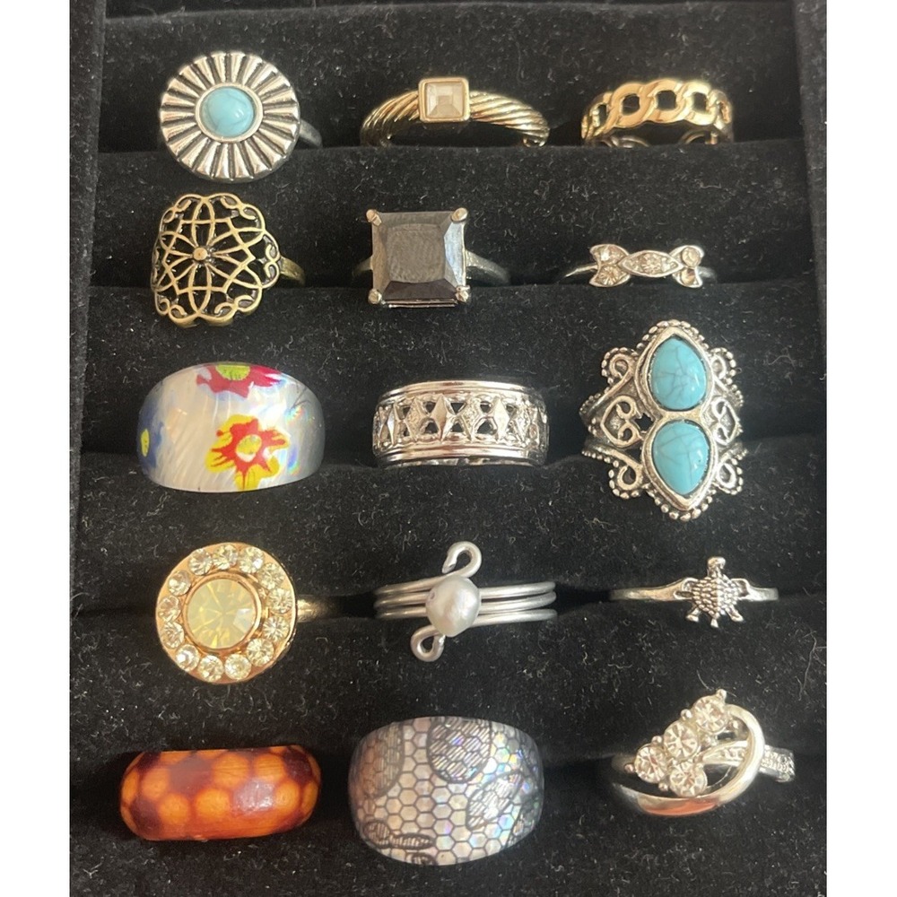 Lot of 15 Costume Rings Beads Stones Silver Gold Tone #3